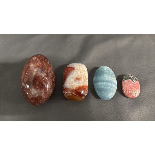 POLISHED HEMATOID QUARTZ, RHODOCHROSITE, BANDED AGATE & BLUE CALCITE