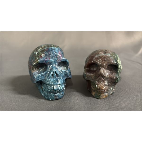 (2) CARVED SKULLS: RUBY KYANITE & AGATE - BOTH ARE APPROX. 2" TALL