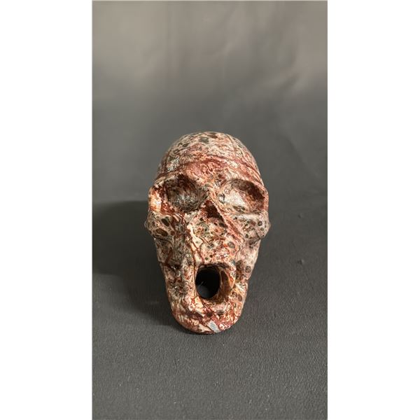 CARVED LEOPARD JASPER SKULL; APPROX. 2" TALL