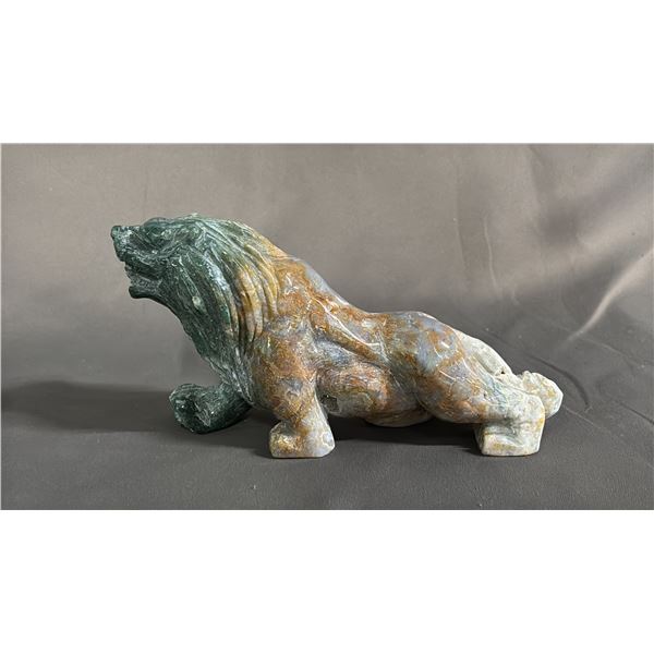 CARVED MOSS AGATE LION: APPROX. 8" LONG X 4" TALL