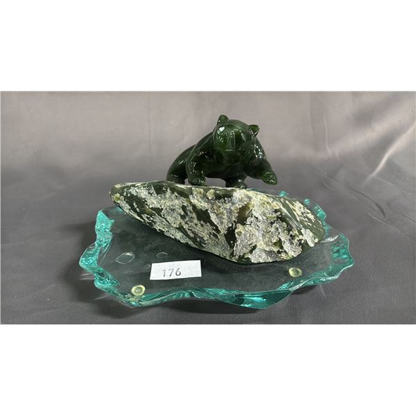 JADE BEAR CARVING MOUNTED ON A JADE BOULDER ON GLASS BASE WITH JADE GOLD PANNER & BEAR