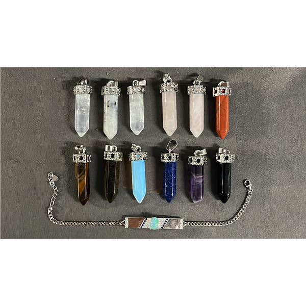 COLLECTION OF ASSORTED CRYSTAL POINT PENDANTS & A .925 SILVER BRACELET WITH A FIRE OPAL CABOCHON