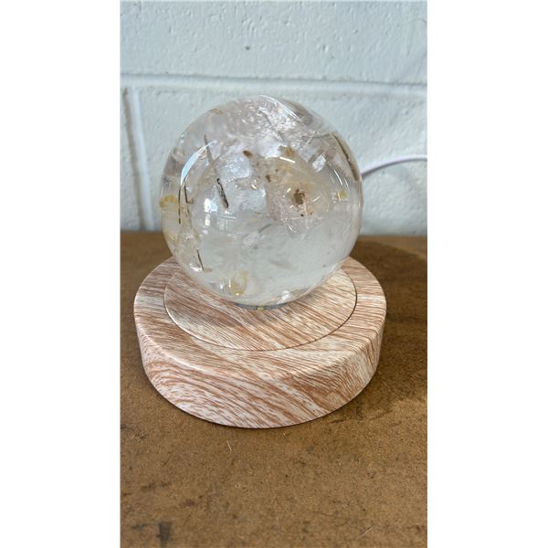 3" QUARTZ CRYSTAL SPHERE ON WOOD LED ILLUMINATED BASE: SELECTABLE LIGHT COLOURS & MODES