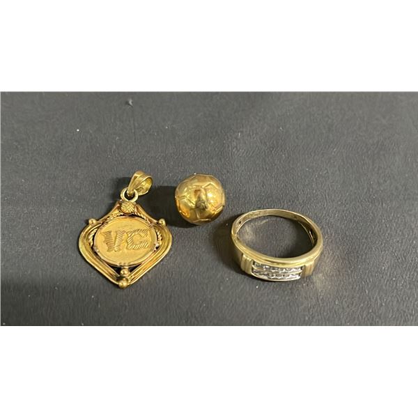 22KT GOLD "VC" PENDANT W/14KT BEZEL, MEN'S 10KT GOLD DIAMOND RING & 18KT GOLD SOCCER BALL PENDANT