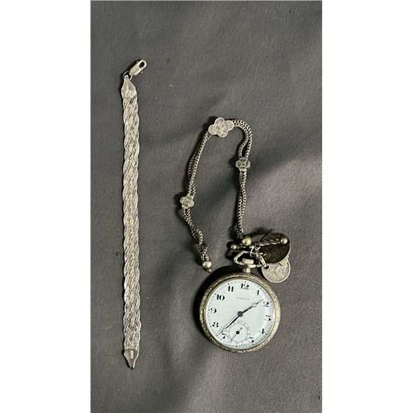 925 SILVER BRAIDED CHAIN BRACELET & VINTAGE WESCO POCKET WATCH WITH DECORATIVE FOB CHARMS