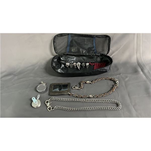 UBAG POUCH WITH WALLET CHAINS, RETRACTABLE KEY FOBS & COLLECTION OF ASSORTED BIKER STYLE RINGS