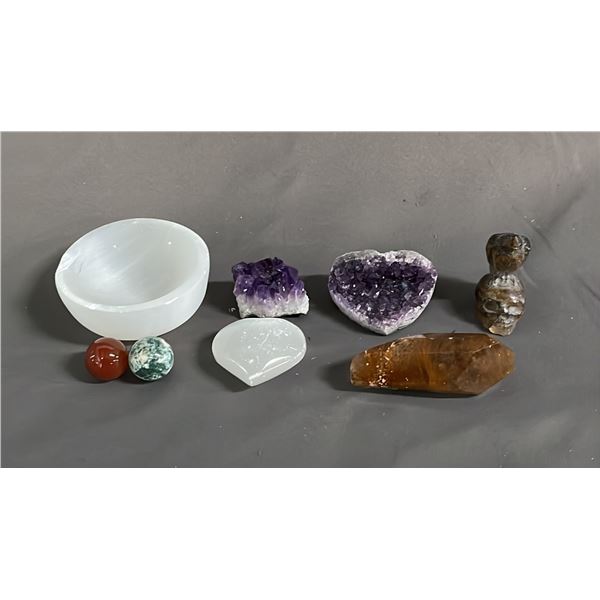 SMALL SELENITE BOWL, AMETHYST CLUSTER HEART, CARVED BLOODSTONE, SMOKEY QUARTZ POINT CRYSTAL & MORE
