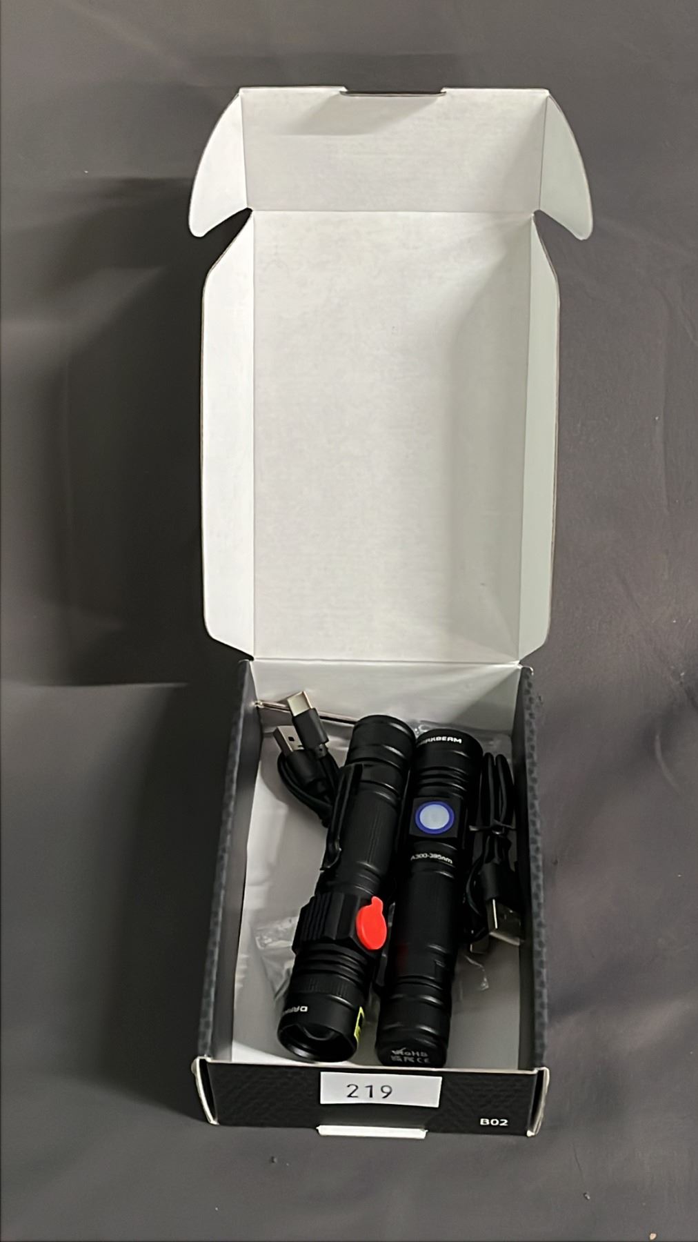BOX CONTAINING (2) RECHARGEABLE UV FLASHLIGHTS WITH USB TO USB-C CABLES ...