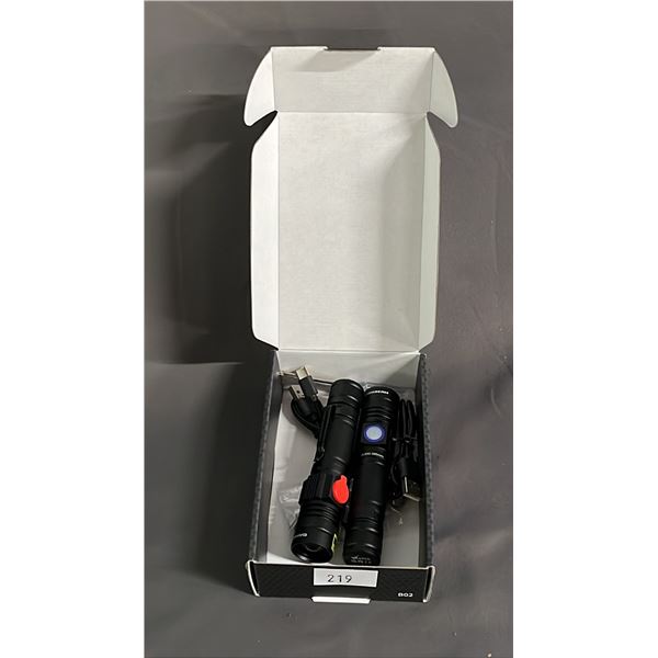 BOX CONTAINING (2) RECHARGEABLE UV FLASHLIGHTS WITH USB TO USB-C CABLES