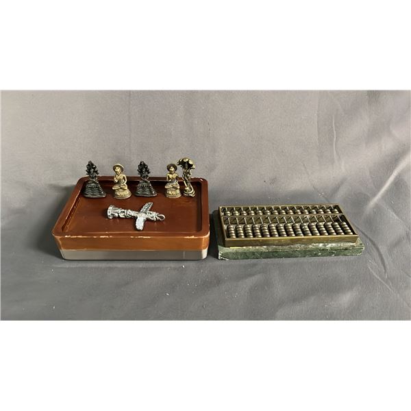 MINIATURE STONE ABACUS, METAL TOTEM POLE PENDANT, (5) SMALL 2" FIGURINES & SMALL TRINKET TRAY