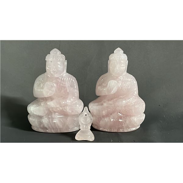 (2) ROSE QUARTZ 4.5"T BUDDHA STATUES & A 1.25"T ROSE QUARTZ YOGA GODDESS