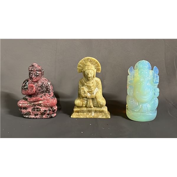 4"T OPALITE GANESH, 4"T SOAPSTONE BUDDHA & 4"T RHODONITE BUDDHA
