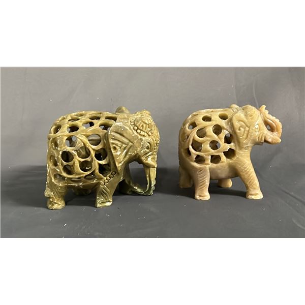 (2) CARVED SOAPSTONE OPENWORK MOTHER ELEPHANTS WITH BABY ELEPHANT INSIDE: LARGER IS 3.5L X 3"T