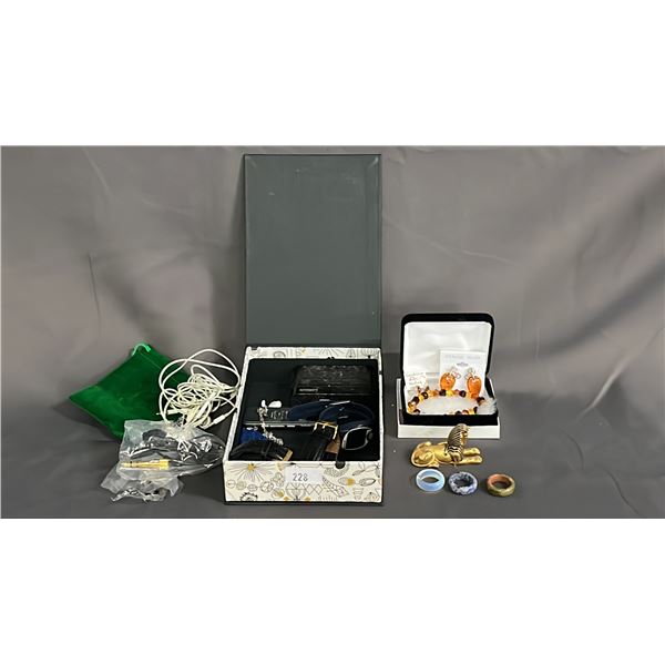 BOX OF ASSORTED WATCHES, WIRED EARBUDS, AMBER JEWELRY & MORE