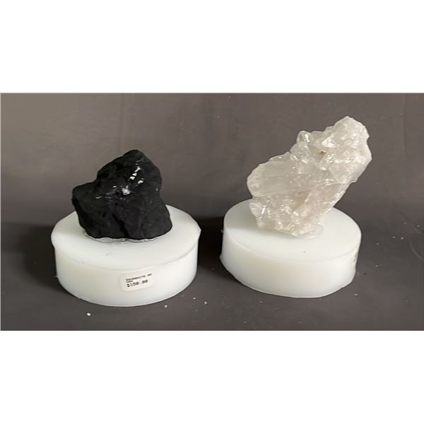 CLEAR BRAZILIAN QUARTZ CLUSTER ON STAND & ROUGH SHUNGHITE ON STAND