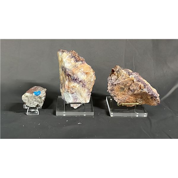 3.8" AMETHYST CLUSTER, 4.4" AMETHYST CLUSTER & 1.5" CAVANSITE: ALL ON STANDS