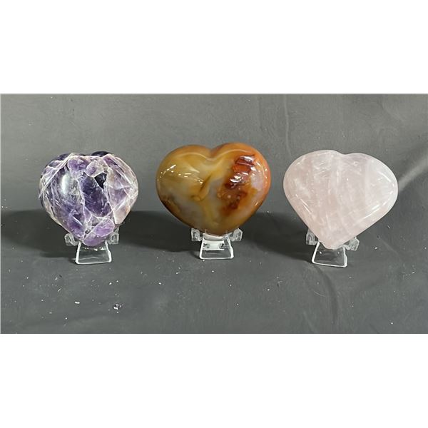 2.1" AMETHYST HEART, 2.5" CARNELIAN HEART & 2.5" ROSE QUARTZ HEART: ALL ON STANDS
