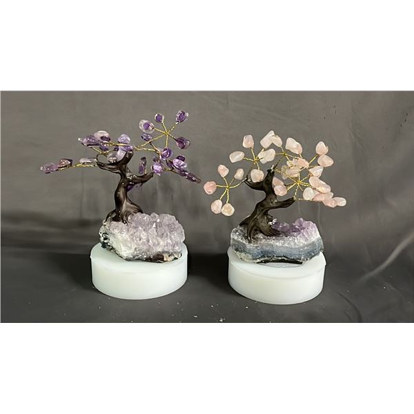 5" ROSE QUARTZ TREE ON AMETHYST CLUSTER & 5" AMETHYST TREE ON AMETHYST CLUSTER: BOTH ON STANDS