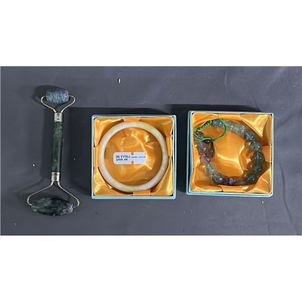 JADE BANGLE BRACELET IN BOX, JADE BEAD BRACELET IN BOX & JADE FACIAL ROLLER