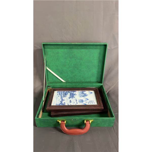 PAIR OF BLUE & WHITE TILES IN CASE