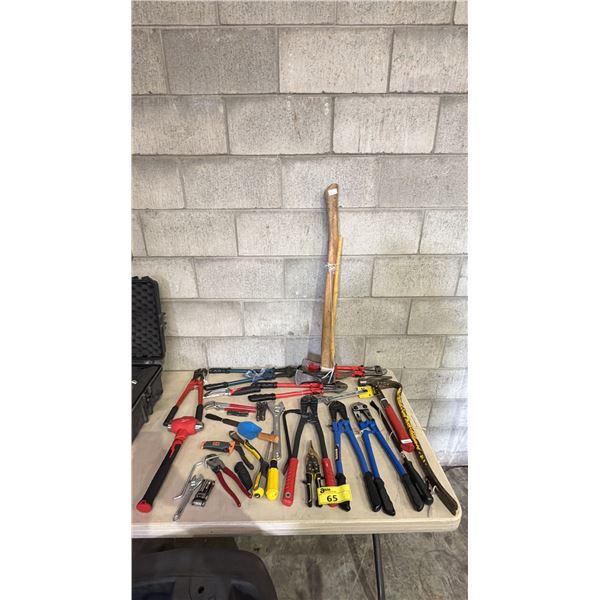 ASSORTED TOOLS INCLUDING; BOLT CUTTERS, PRY BARS, AXES & MORE