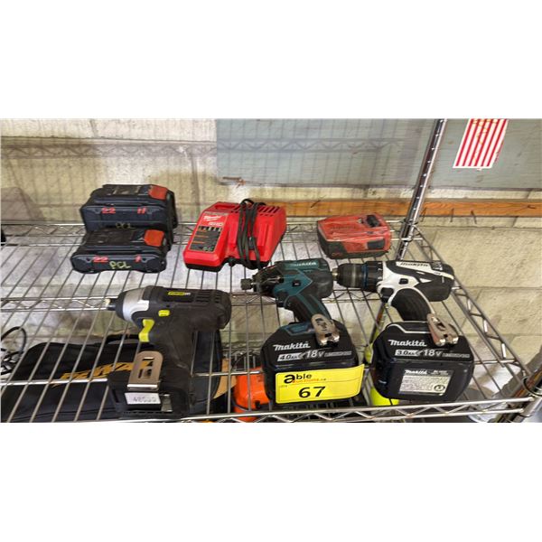 ASSORTED TOOLS INCLUDING; (2) MAKITA CORDLESS DRILLS WITH BATTERIES, POWER IT! CORDLESS DRILL,