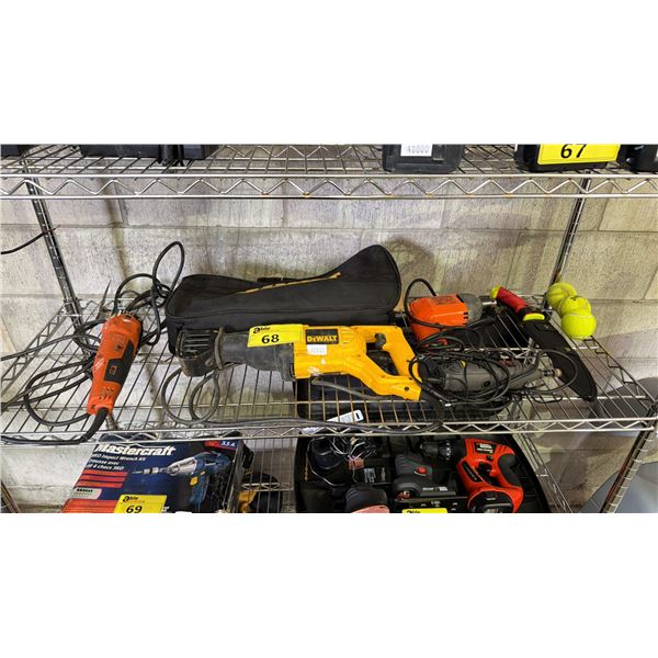 SHELF OF ASSORTED TOOLS INCLUDING; DEWALT RECIPROCATING SAW, FEIN MULTIMASTER, YAT ROTARY TOOL &