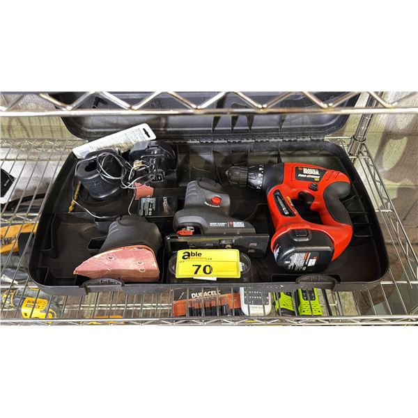 BLACK & DECKER TOOL COMBO INCLUDING; FIRE STORM CORDLESS DRILL, JIG SAW & PALM SANDER WITH CHARGER