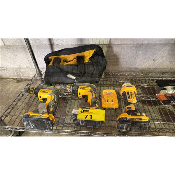 ASSORTED CORDLESS DEWALT TOOLS INCLUDING; DRYWALL SCREW GUNS, CUT-OUT TOOL, BATTERIES & TOOL BAG