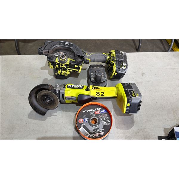 RYOBI CORDLESS ANGLE GRINDER WITH BATTERY & GRINDING DISCS, RYOBI CORDLESS CIRCULAR SAW WITH BATTERY