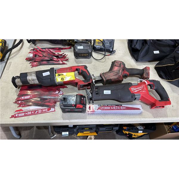 *TESTED WORKING* (3) ASSORTED MILWAUKEE RECIPROCATING SAWS, MILWAUKEE M18 BATTERY & ASSORTED SAW