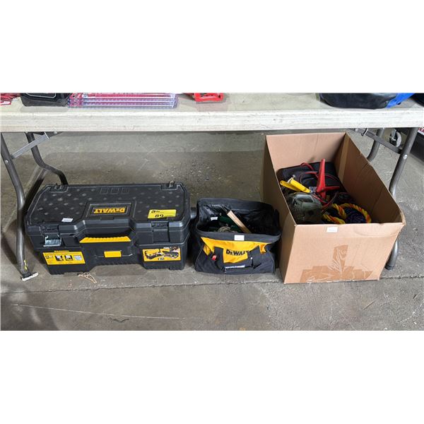 DEWALT TOOLBOX WITH TOOL CONTENTS, DEWALT TOOL BAG WITH TOOL CONTENTS & BOX OF ASSORTED TOOL