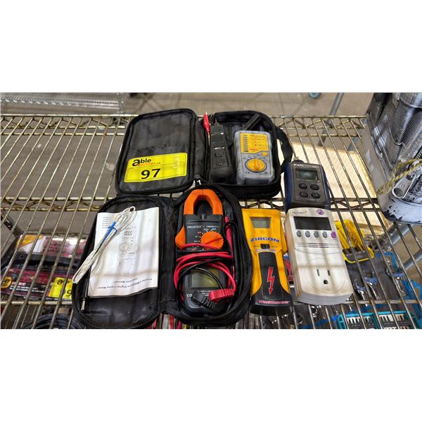 ASSORTED TOOLS INCLUDING; STUD FINDER, PROSTAR PRO DIGITAL CLAMP METER, WIRE TRACKER EMITTER & MORE