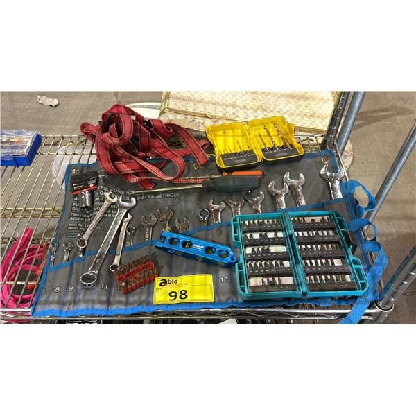 ASSORTED TOOLS INCLUDING; DRILL BIT SETS, WRENCH SET, LEVEL, RATCHET STRAP & MORE