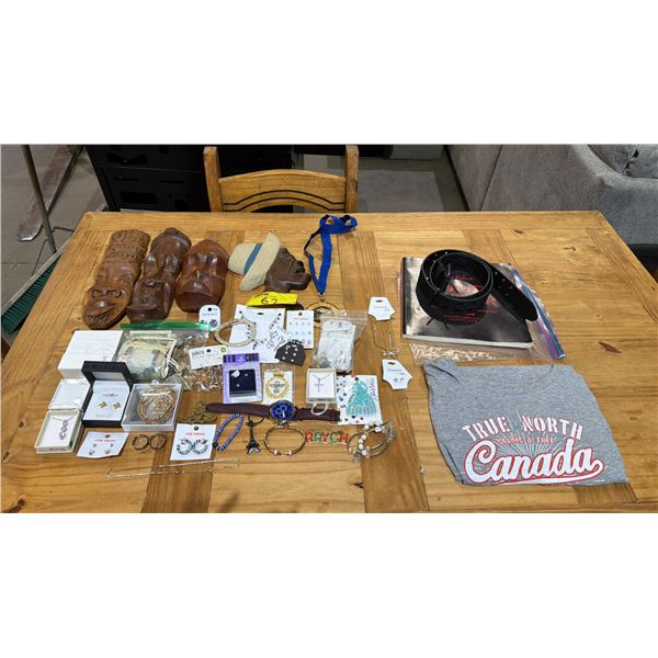 ASSORTED ITEMS INCLUDING HAND CARVED MASKS, WOMEN'S JEWELRY AND MORE