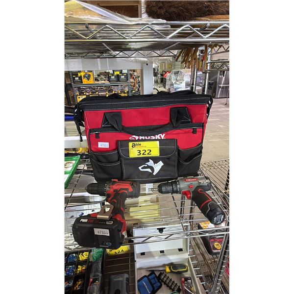 SKIL PWRCORE 20V CORDLESS DRILL DRIVER AND HYPER TOUGH 12V CORDLESS DRILL WITH HUSKY TOOL BAG