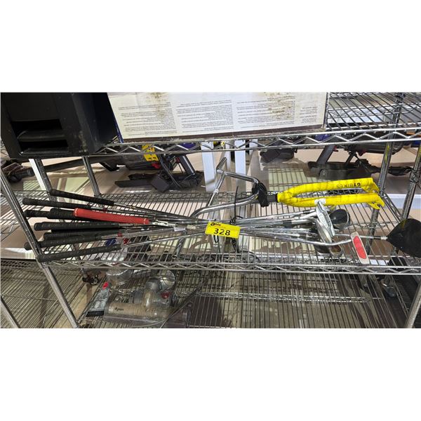 SHELF OF ASSORTED ITEMS INCLUDING SET OF GOLF CLUB AND BICYCLE HANDLE