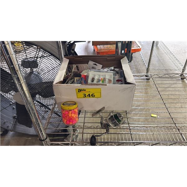 BOX OF FISHING LURES, BAIT AND A SPINNING WHEEL REEL