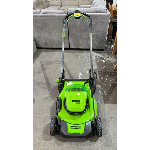 GREENWORKS PRO CORDLESS LAWN MOWER: *WORKING CONDITION UNKNOWN/MAY BE MISSING PARTS AND OR PIECES*