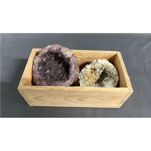 MOROCCAN AMETHYST GEODE & MOROCCAN CORAL GEODE IN WOOD BOX