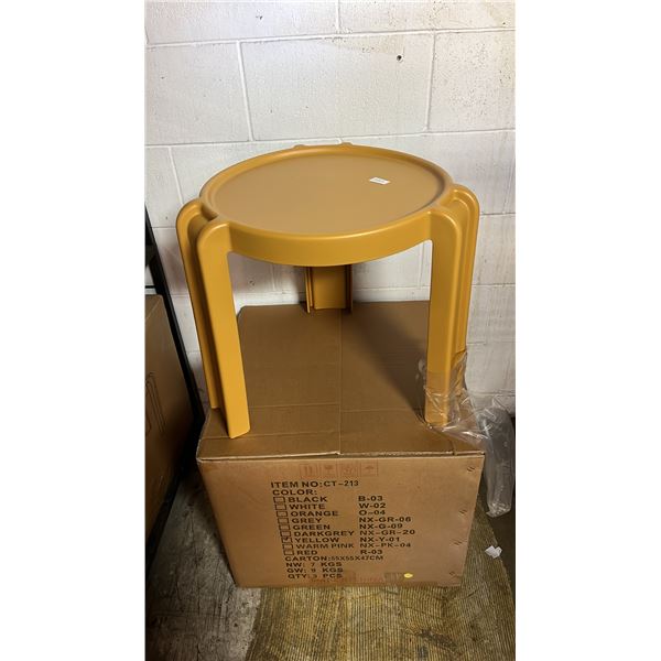 *NEW IN BOX* (3) YELLOW PLASTIC SMALL ROUND TABLES: APPROX. 17"T X 17" DIAMETER