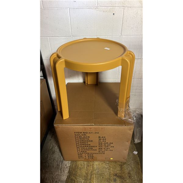 *NEW IN BOX* (3) YELLOW PLASTIC SMALL ROUND TABLES: APPROX. 17"T X 17" DIAMETER