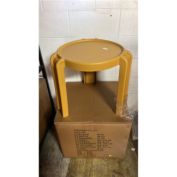 *NEW IN BOX* (3) YELLOW PLASTIC SMALL ROUND TABLES: APPROX. 17"T X 17" DIAMETER