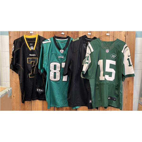 (4) ASSORTED FOOTBALL JERSEYS INCLUDING; TIM TEBOW, RUSSELL WILSON, BRENT CELEK & BEN ROETHLISBERGER
