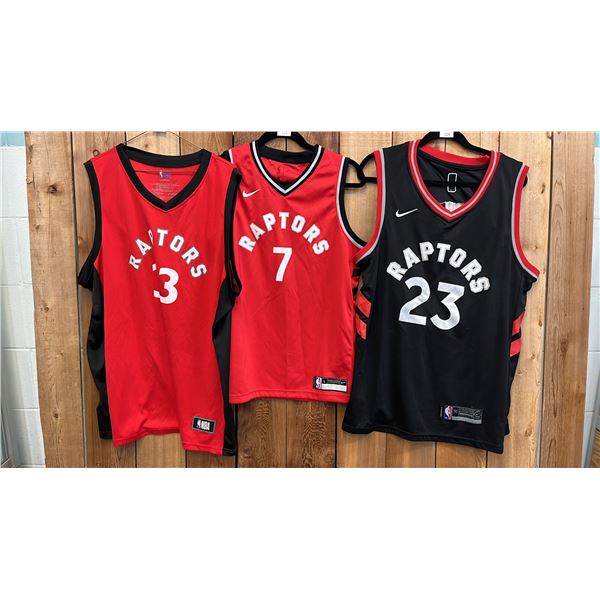 (3) ASSORTED TORONTO RAPTORS JERSEYS INCLUDING; NIKE FRED VANVLEET SIZE 50, NIKE KYLE LOWRY SIZE L &