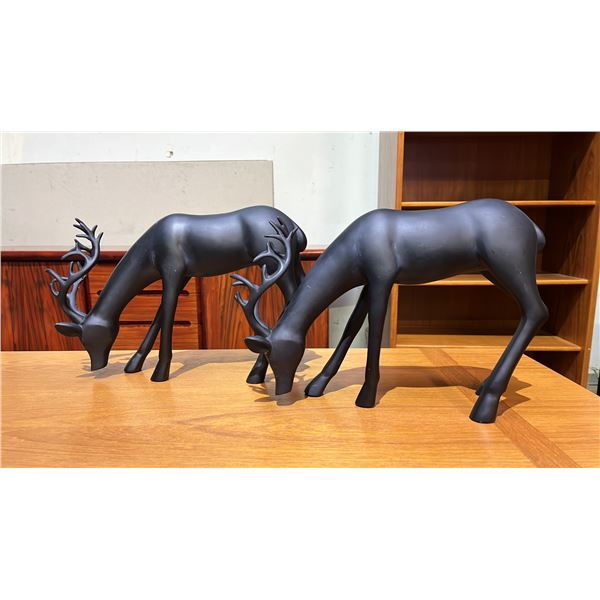 (2) REINDEER FIGURES. BLACK RESIN. 9 1/2" TALL X 16" LONG
