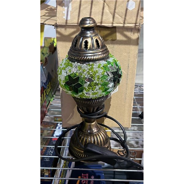 TABLE LAMP 12" TALL: HAND MADE IN TURKEY WITH EUROPEAN PLUG: *FINIAL NEEDS TO BE REATTACHED*
