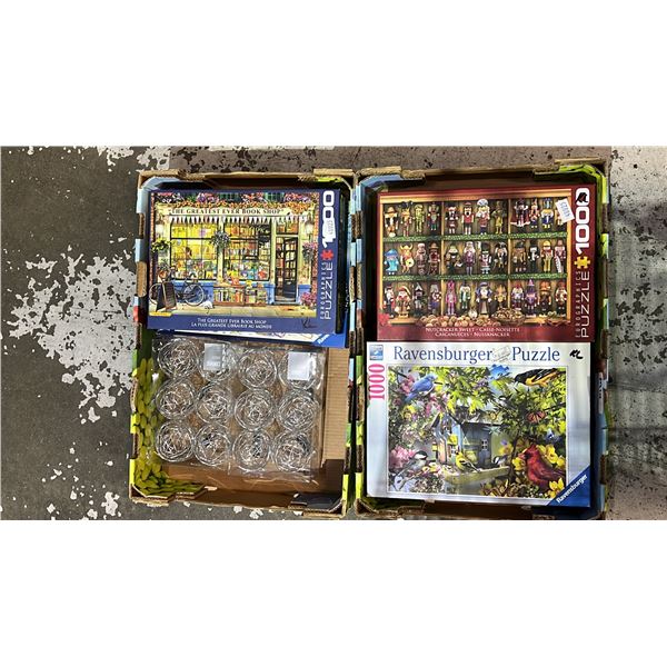 6 X 1,000 PIECE JIGSAW PUZZLES & 2 PACKAGES OF 6 NEW ORNAMENTS