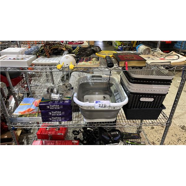 SHELF OF EPSON 502 PIGMENT INK, ASSORTED STORAGE BASKETS & PRINTER PAPER