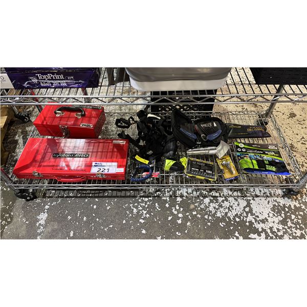 SHELF OF BYNFORD PRO METAL TOOL BOXES, MOTORCYCLE STRETCH STRAPS, ALLEN KEY SET, BIT SET & MORE